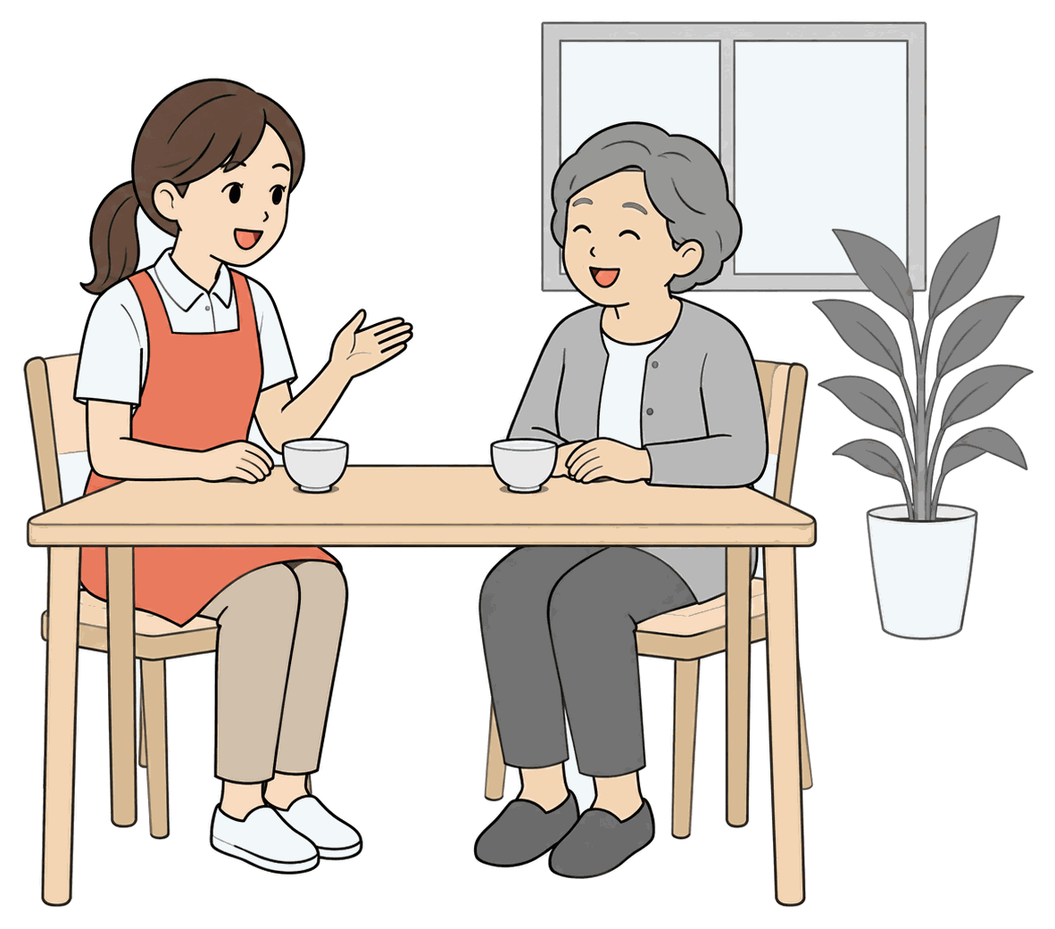 エプロン姿の職員が、テーブルで利用者さんと笑顔で話している絵