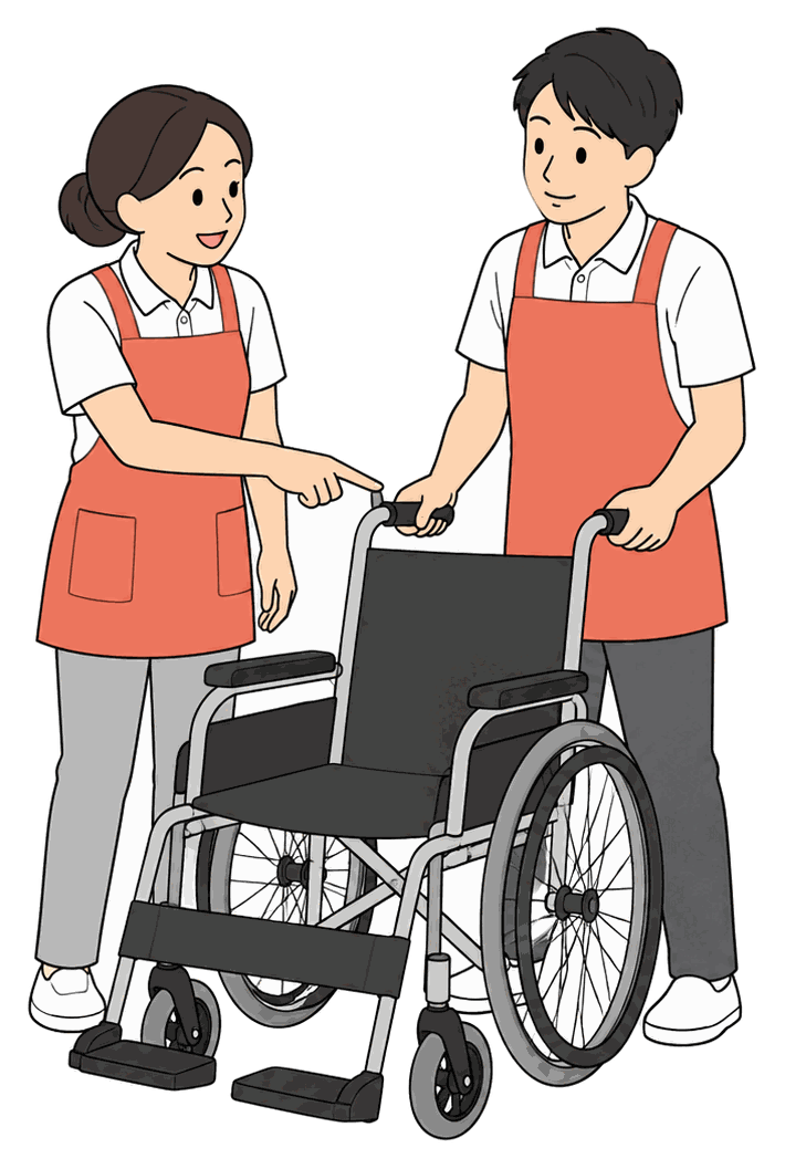 先輩の職員が、新しく入った職員に車いすの押し方を教えている絵