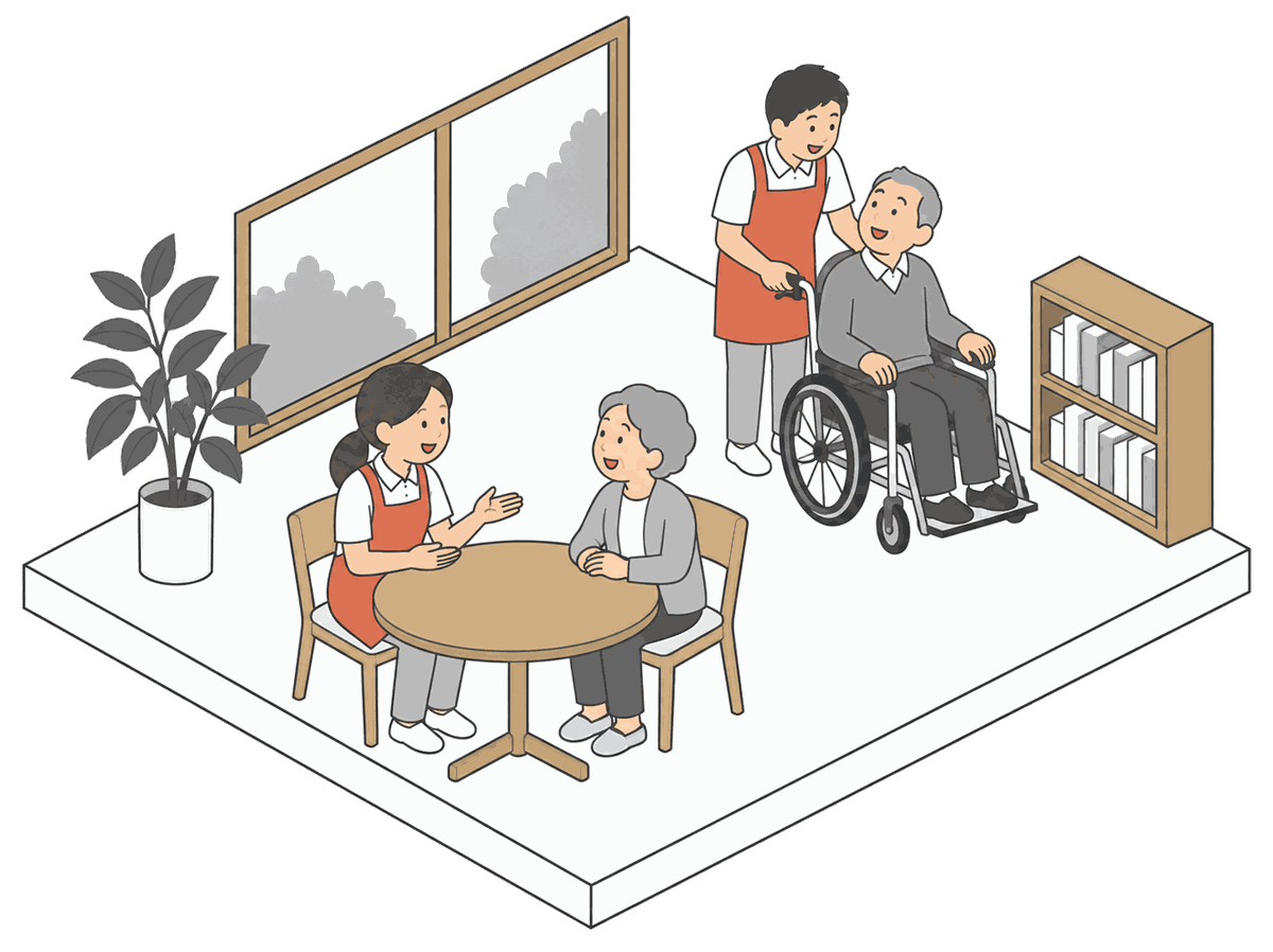 デイサービスの部屋を斜め上から見下ろした絵。職員が利用者さんと話し、車いすを押している