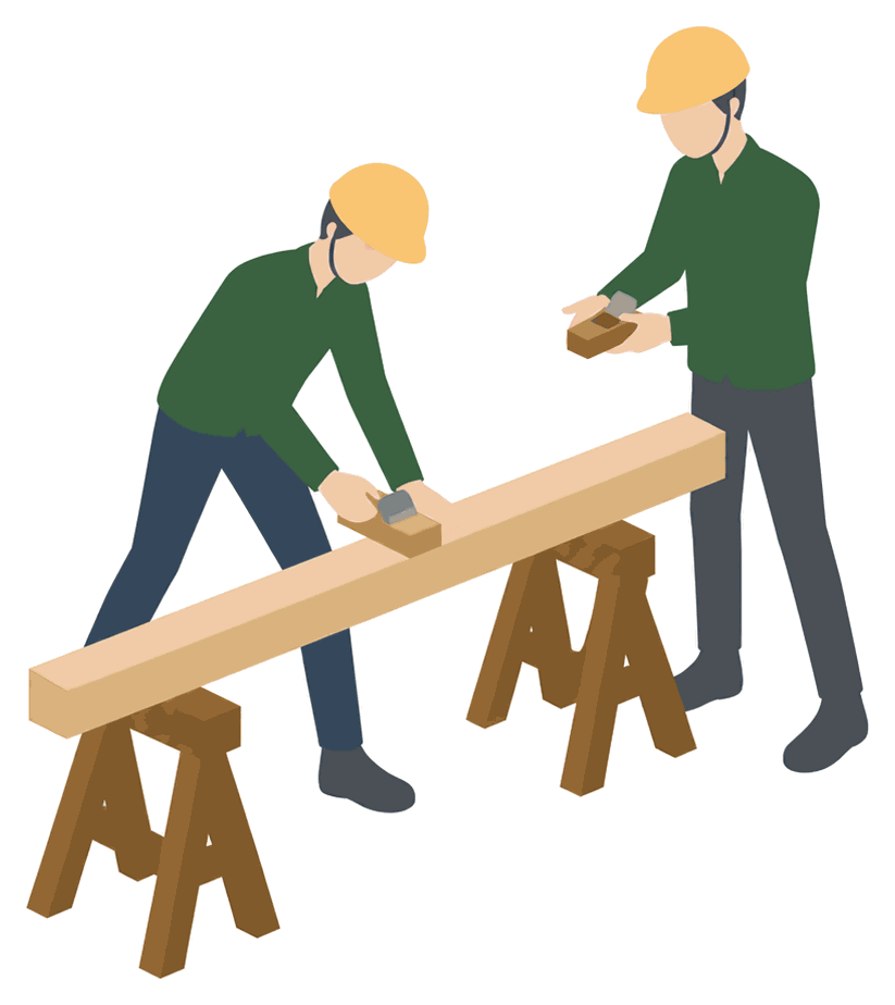 先輩の大工が、見習いの大工にかんなのかけ方を教えている絵