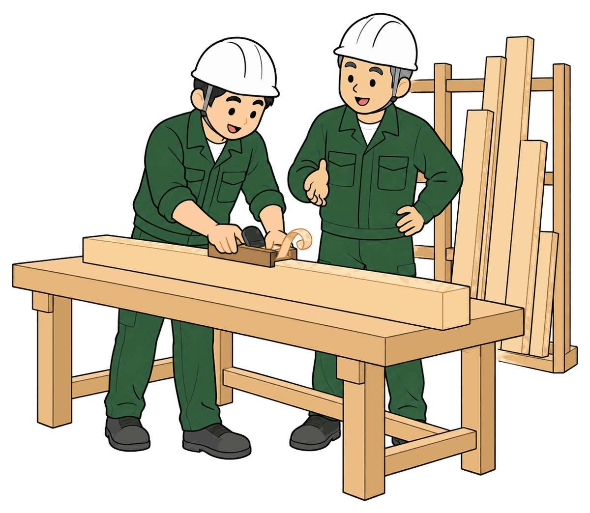 作業場で、若い大工が角材にかんなをかけ、先輩の大工が横で教えている絵